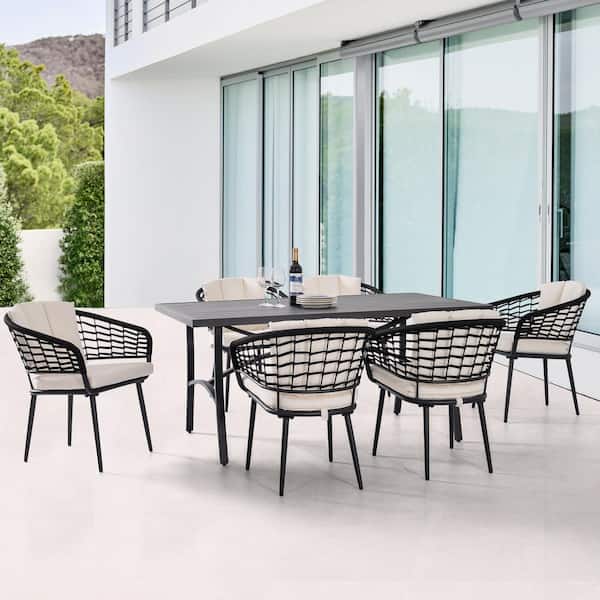 Black 7-Piece Rope Aluminum Outdoor Dining Set with 1.97 in. Umbrella Hole and 1.97 in. Thick Beige Cushions