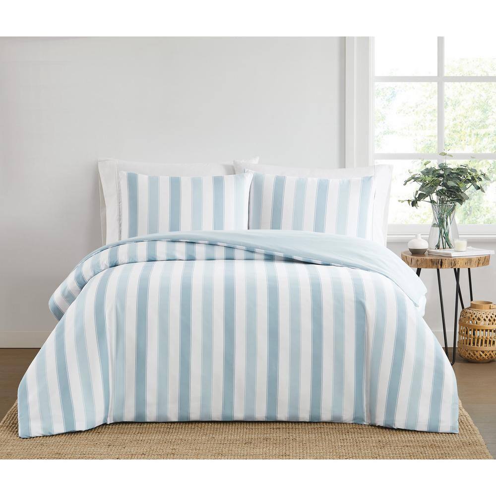 Twin Blue and White Striped Microfiber Comforter Set