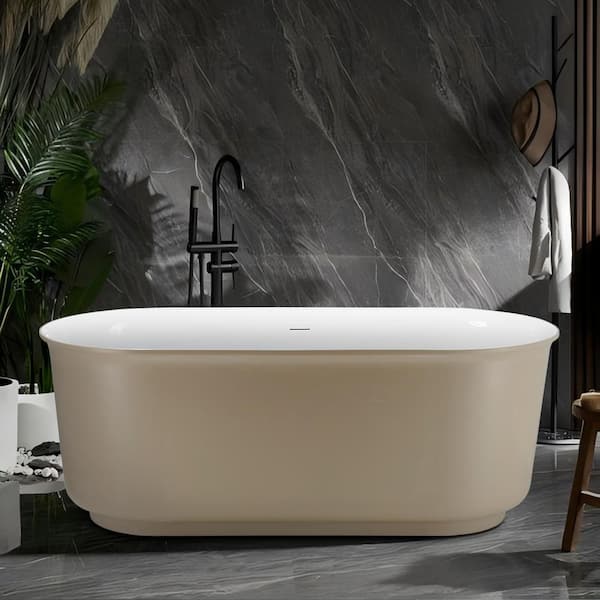 59 in. x 27.56 in. Soaking Soild Surface Khaki Bathtub with Center Drain in Stainless Steel