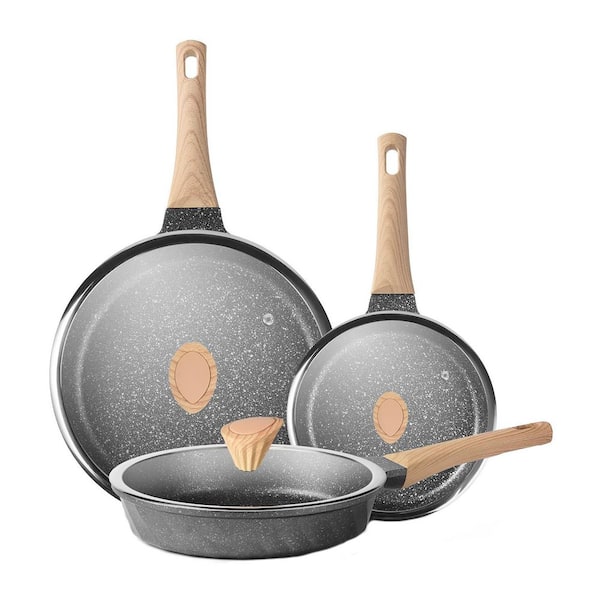 Granite Nonstick Saute Pan Set 8 in. 9.5 in. 11 in. Gray Aluminum Induction Compatible Cookware with Lid