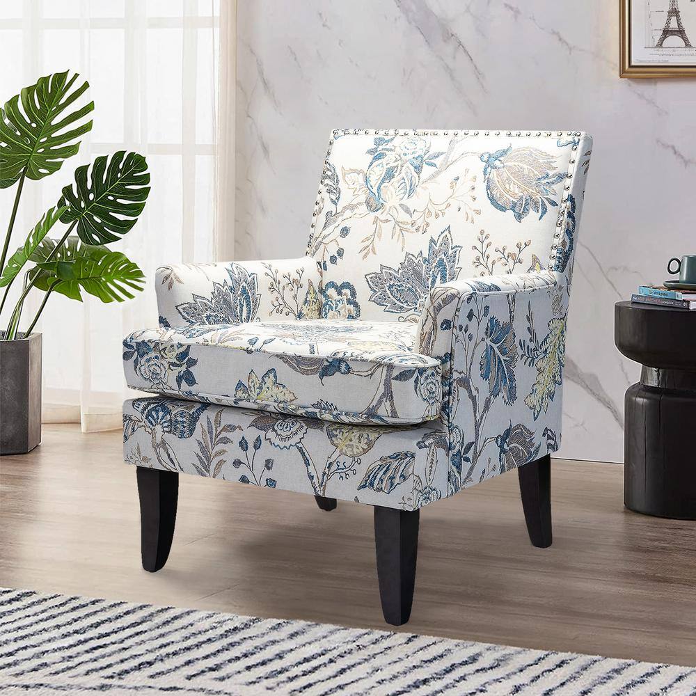 Blue and Yellow Floral Armchair with Nailhead Trim