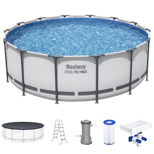 Steel Pro MAX 14 ft. Round 48 in. Deep Metal Frame Pool Set with LED Waterfall