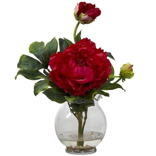 Nearly Natural 13.5 in. Artificial H Red Peony with Fluted Vase Silk Flower Arrangement