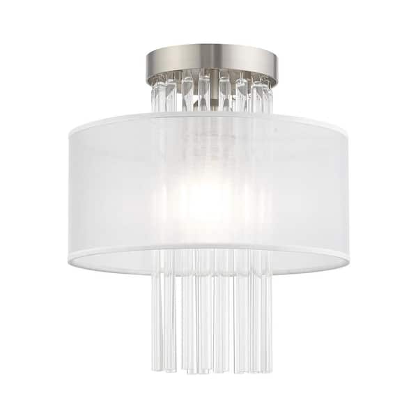 AVIANCE LIGHTING Ellyridge 11 in. 1-Light Brushed Nickel Semi Flush Mount with Translucent Fabric shand and Clear Crystal Rods