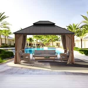 Grant 12 ft. x 14 ft. Brown Hardtop WoodGrain Aluminum Outdoor Gazebo With Galvanized Steel Double Roof Curtain Netting