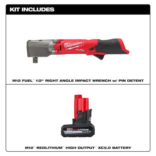 M12 FUEL 12V Lithium-Ion Brushless Cordless 1/2 in. Right Angle Impact Wrench with Pin Detent with M12 5.0 Ah Battery