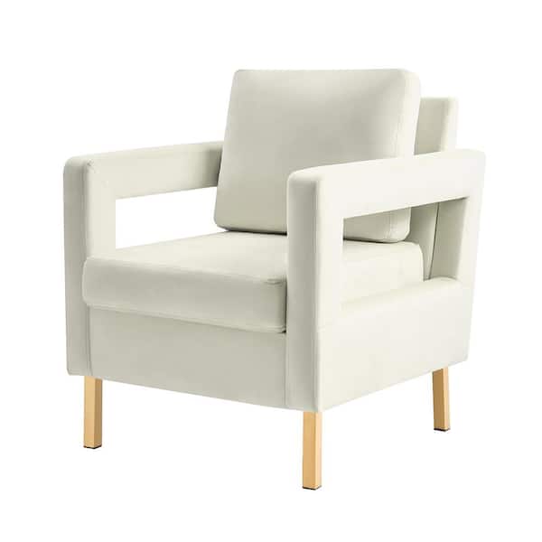 JAYDEN CREATION Anika Modern Ivory Comfy Velvet Arm Chair with Stainless Steel Legs and Square Open-framed Arm