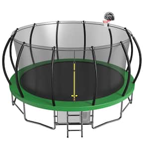 16 ft. Outdoor Round Green Trampoline with Safety Enclosure Net, Basketball Hoop, Rubber Ball