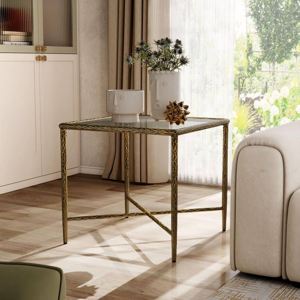 Parto 23.6 in. Modern Forged Gold Metal Square Glass Top End Table