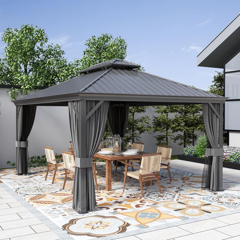 12 ft x 16 ft Black Aluminum Patio Gazebo with Gray Curtains