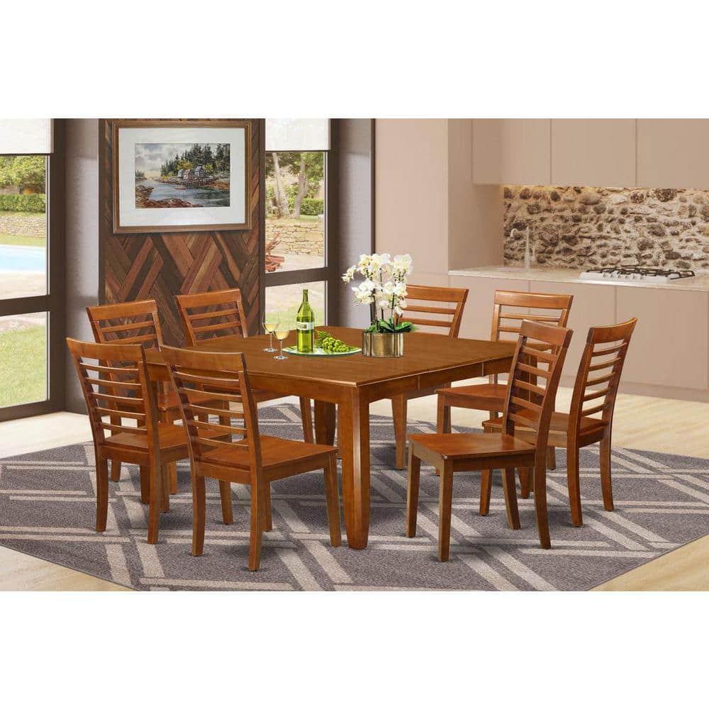 Saddle Brown Square Dining Table Set with 8 Wooden Chairs