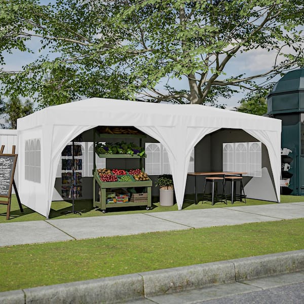 Unbranded 10 ft. x 20 ft. Outdoor Adjustable Pop Up Canopy Tent with Carry Bag, Sand Bags, Ropes, Stakes, White for Parties