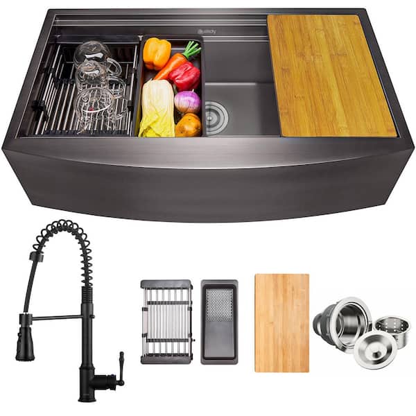 All-in-One Matte Black Finished Stainless Steel 33 in. x 22 in. Farmhouse Apron Mount Kitchen Sink with Faucet