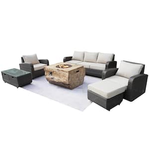 Elsa Brown 6-Piece Wicker Patio Fire Pit Conversation Sofa Set with Beige Cushions