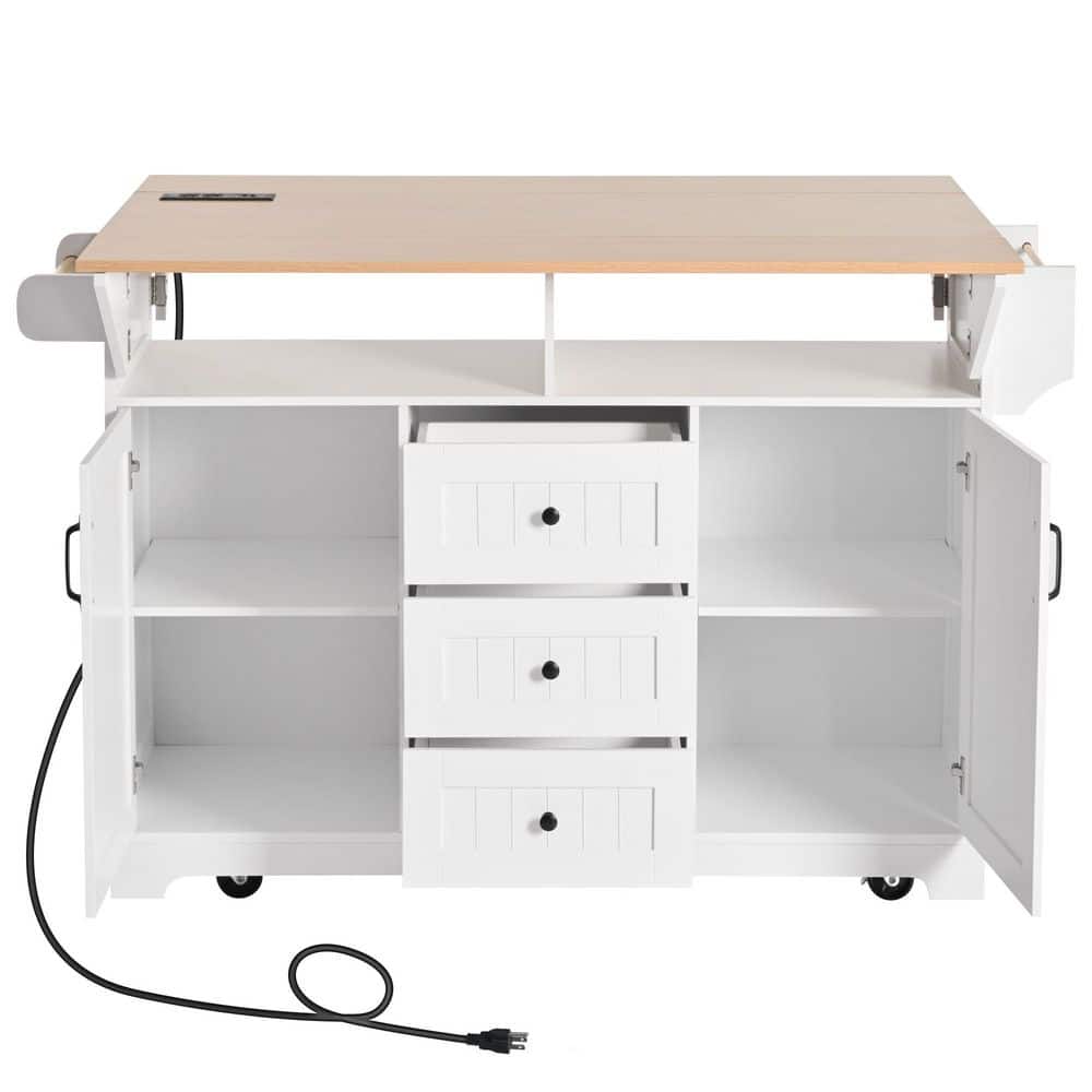 White Movable Kitchen Cart with 2 Folding Kitchen Countertops and Three-Dra
