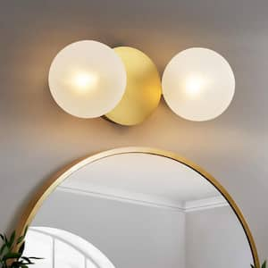 Fiza 12.5 in. 2-Light Brushed Gold Modern Linear Frosted Glass Globe Bubble Bathroom Vanity Light