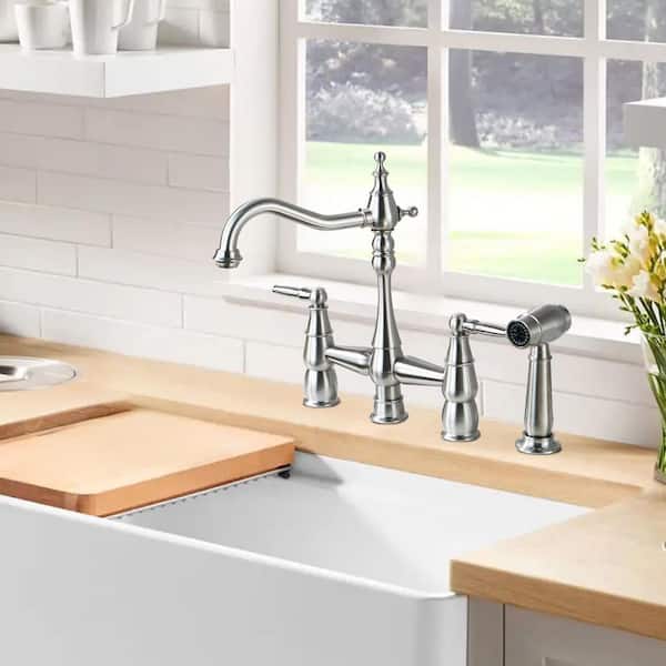 Brass Double Handle Bridge Kitchen Faucet with Side Sprayer in Brushed Nickel