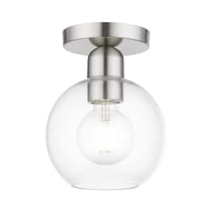 Downtown 6.5 in. 1-Light Brushed Nickel Semi-Flush Mount with Clear Sphere Glass