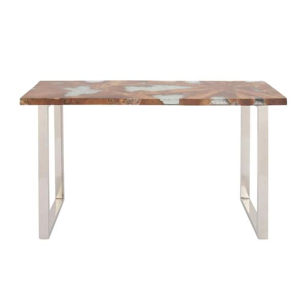 Litton Lane 31 in. x 52 in. Modern Stainless Steel and Brown Teak Resin Console Table