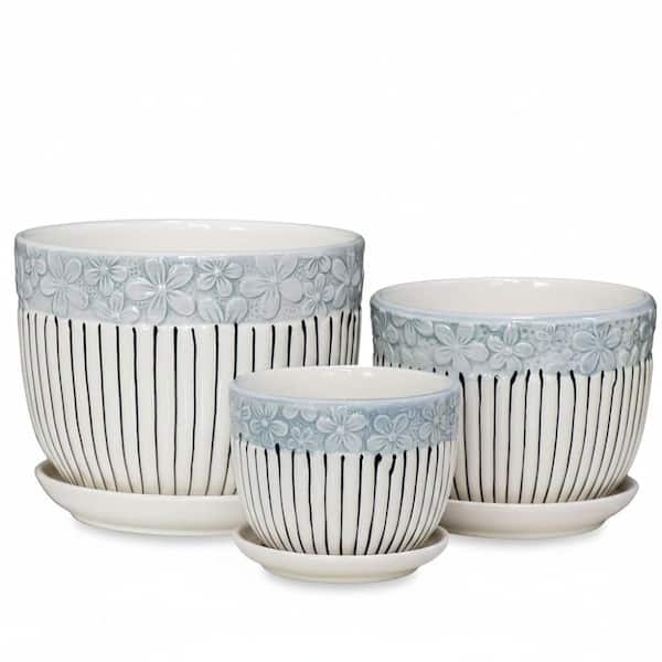 3-Pack Grey Textured Ceramic Planters, 6.75/5.6/4.2 Inch Flower Pots with Saucer, Indoor Outdoor Succulent Plant Pots