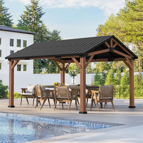 Hampton 12 ft. x 14 ft. Brown Solid Wood Metal Hardtop Gazebo with Iron Pyramid Roof Outdoor Permanent Pavilion