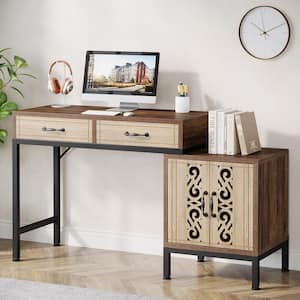 Halsey 55 in. Rectangular Rustic Brown Engineered Wood 2-Drawer Computer Desk with Storage Cabinet for Home Office