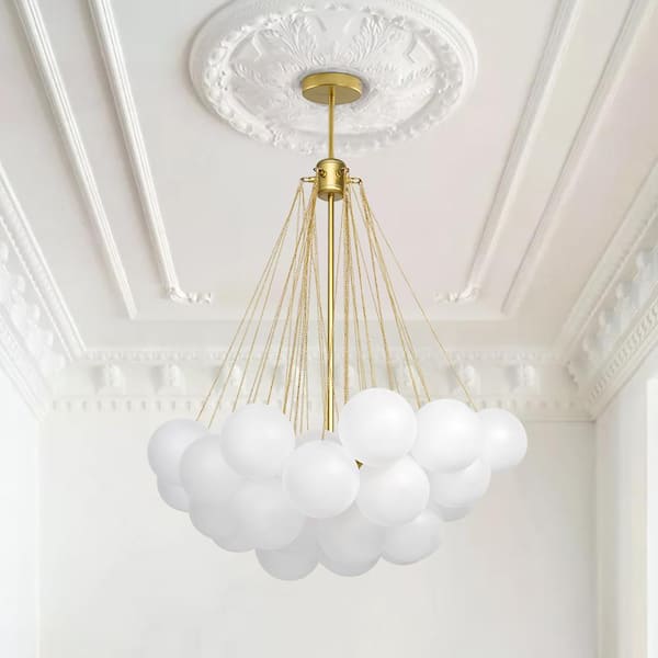 Alma 32 in. W 3-Light Gold Cluster Globe Bubble Chandelier with Frosted Glass for Living Dining Room Bedroom (37-Shade)