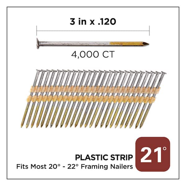 3 in. x 0.120-Gauge 21° Bright Finish Smooth Shank Plastic Strip Framing Nails (4000 per Box)