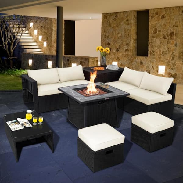 9-Piece Wicker Patio Conversation Sectional Seating Set with White Cushions