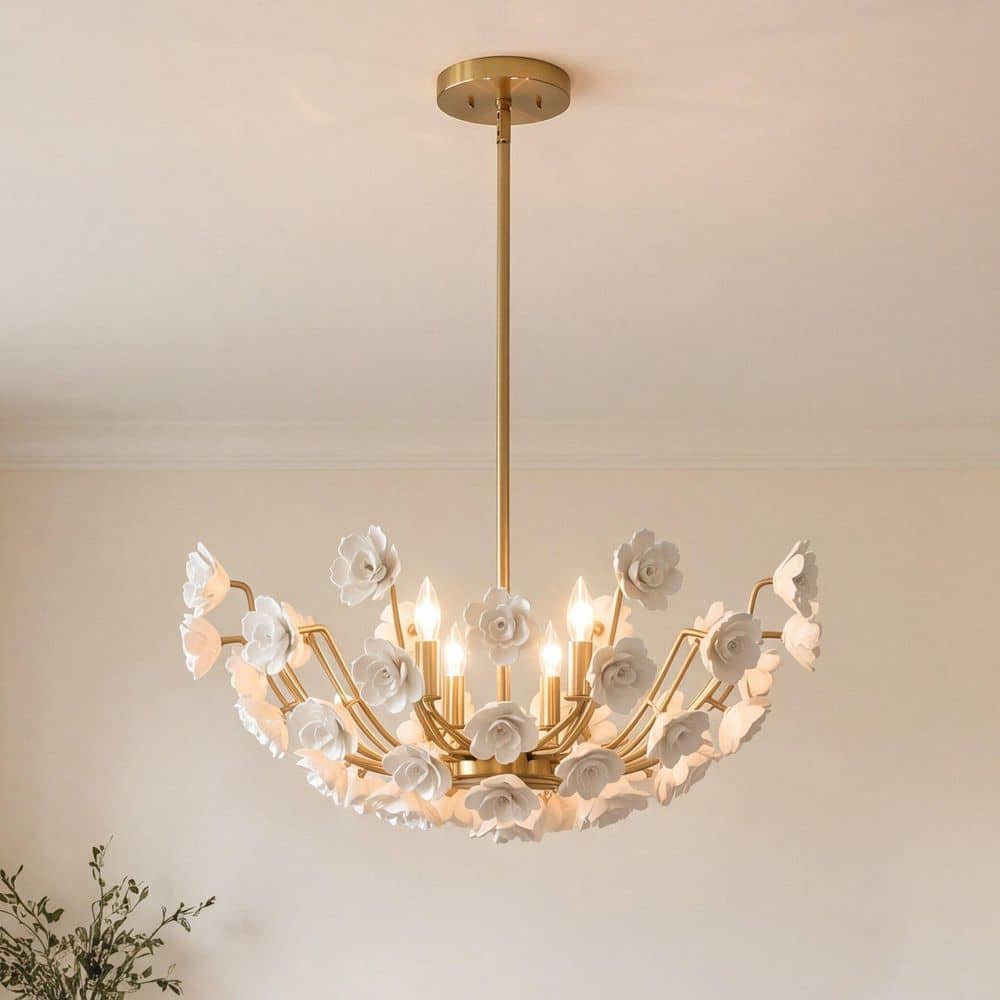 Flores by Breegan Jane 20 in. W x 9.75 in. H 4-Light Noble Brass Glam Chandelier with Ceramic Flowers Accent price history on PriceWatchPro