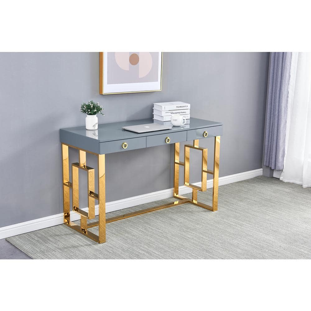 Gray and Gold Wood Writing Desk with Drawers