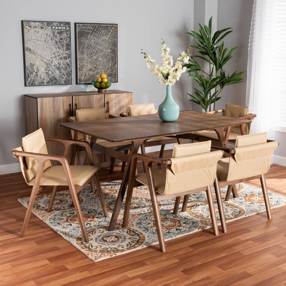 Marcena Walnut Brown 7-Piece Dining Set with Beige Imitation Leather Chairs