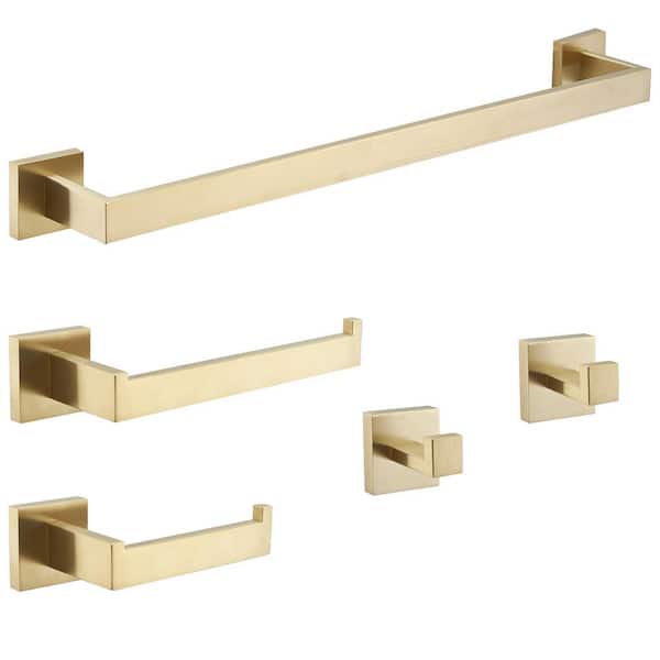BYH build your home 5-Piece Wall Mount Stainless Steel Bathroom Towel Rack Set in Brushed Gold
