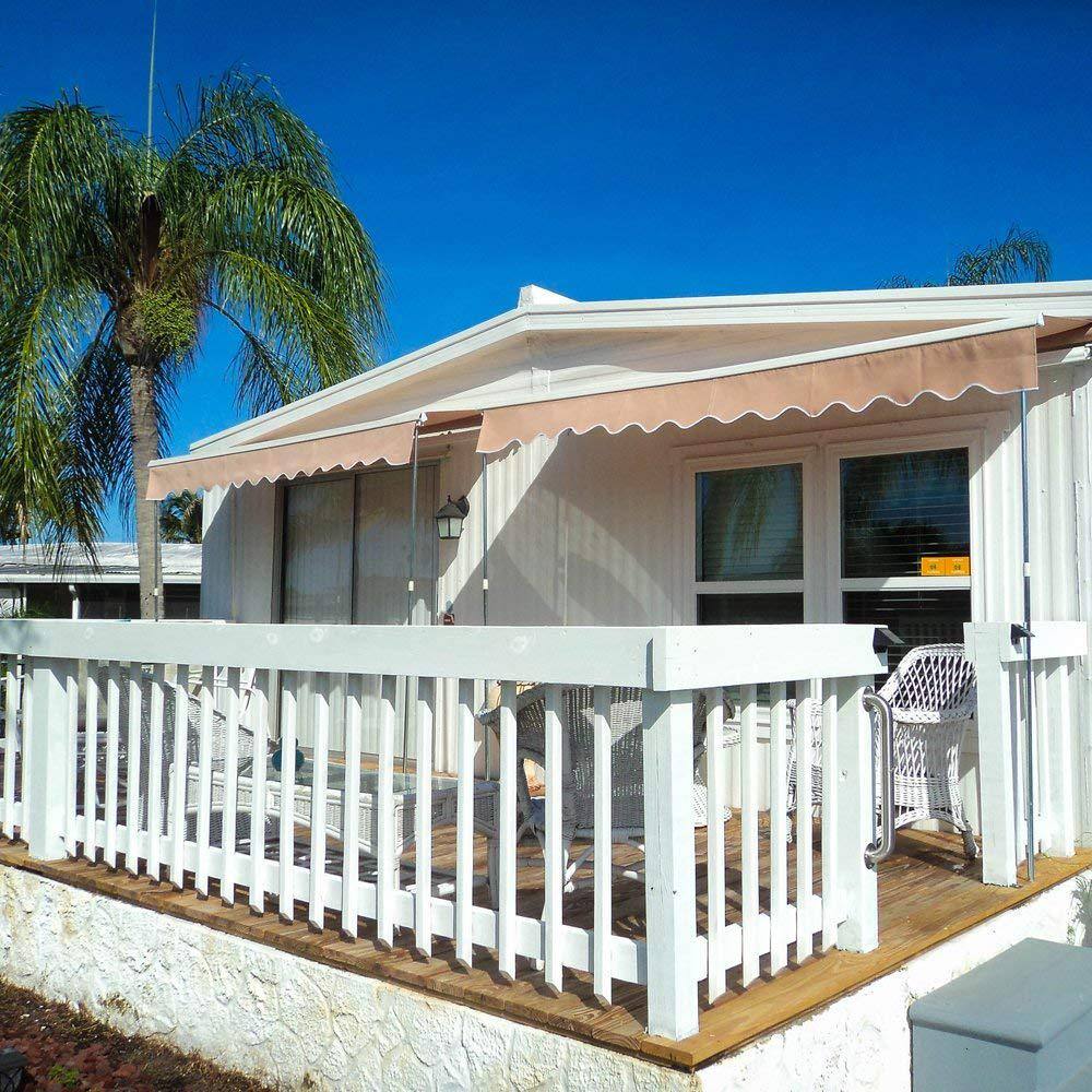 Motorized Sand Beige Polyester Patio Awning with White Frame
