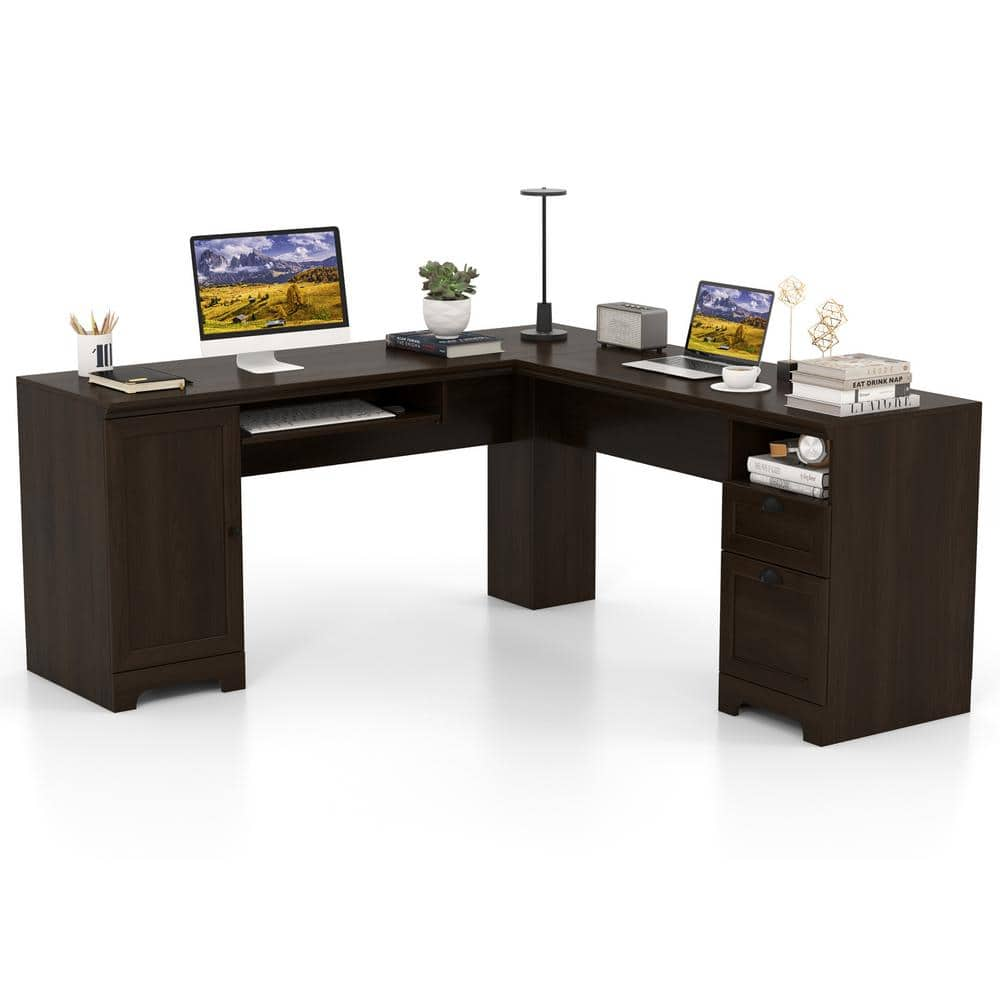 Reviews For Costway 21 In. L-Shaped Brown Corner Computer Desk Writing ...