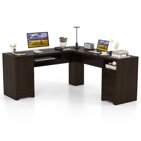 Costway 21 in. L-Shaped Brown Corner Computer Desk Writing Table
