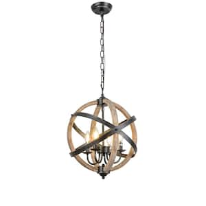 4-Light Candle Style Globe Natural Wood Chandelier with Clear