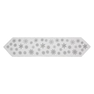 Yuletide 12 in. W x 60 in. H Antique White Silver Gray Seasonal Snowflake Cotton Burlap Table Runner