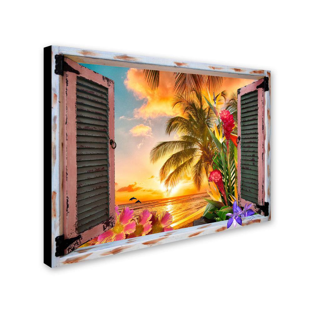 Tropical Sunset Beach View Canvas Print with Flowers