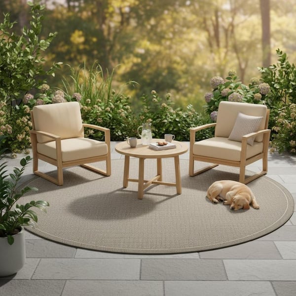Recife Saddle Sticth 8 ft. Round Ivory-Taupe Solid Indoor/Outdoor Area Rug