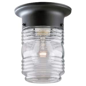 1-Light Matte Black Steel Flush-Mount Exterior Lantern with Clear Glass