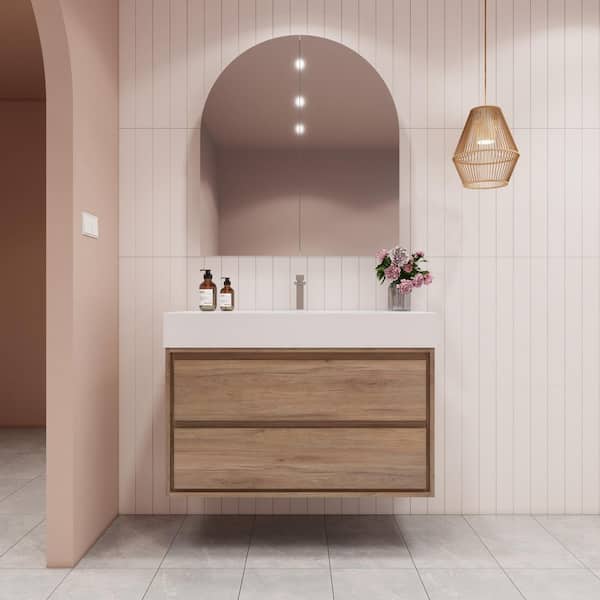 BV Better Vanity Saggie 42 in. W. x 20 in. D x 28 in. H Single Sink Floating Bath Vanity in White Oak with White Acrylic Top