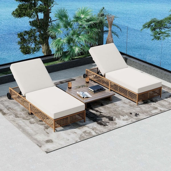 2-Piece Natural Wicker Outdoor Lounge Chairs with Beige Cushions and 5-Position Adjustable Backrest
