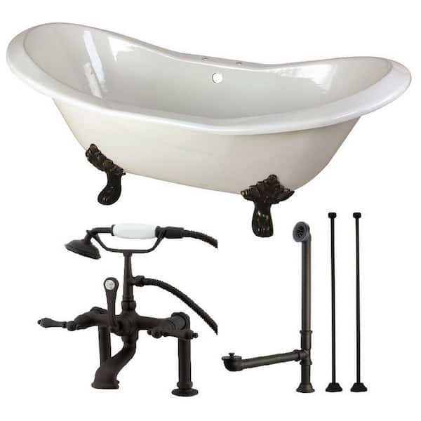 Aqua Eden Double Slipper 6 ft. Cast Iron Clawfoot Bathtub in White and Faucet Combo in Oil Rubbed Bronze