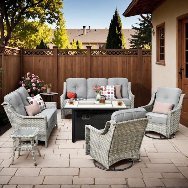 Toject Eureka Gray 6-Piece Wicker Outdoor Patio Conversation Sofa Loveseat Set with a Metal Fire Pit and Dark Gray Cushions