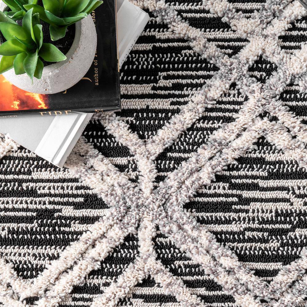 Gray Moroccan Lattice Tassel Runner Rug with Braided Shag