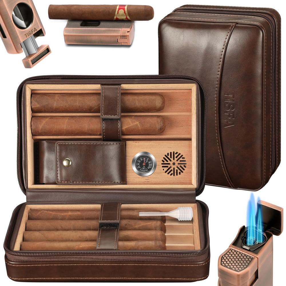 3-in-1 Dark Brown Cigar Humidor, Portable Leather Cedar Wood Cigar Case wit