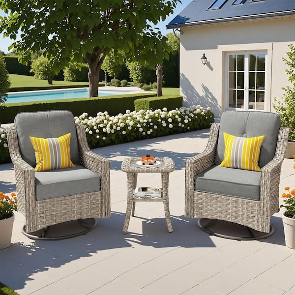 XIZZI Evolve 3-Piece Wicker Outdoor Rocking Chair Set with Dark Gray Cushions