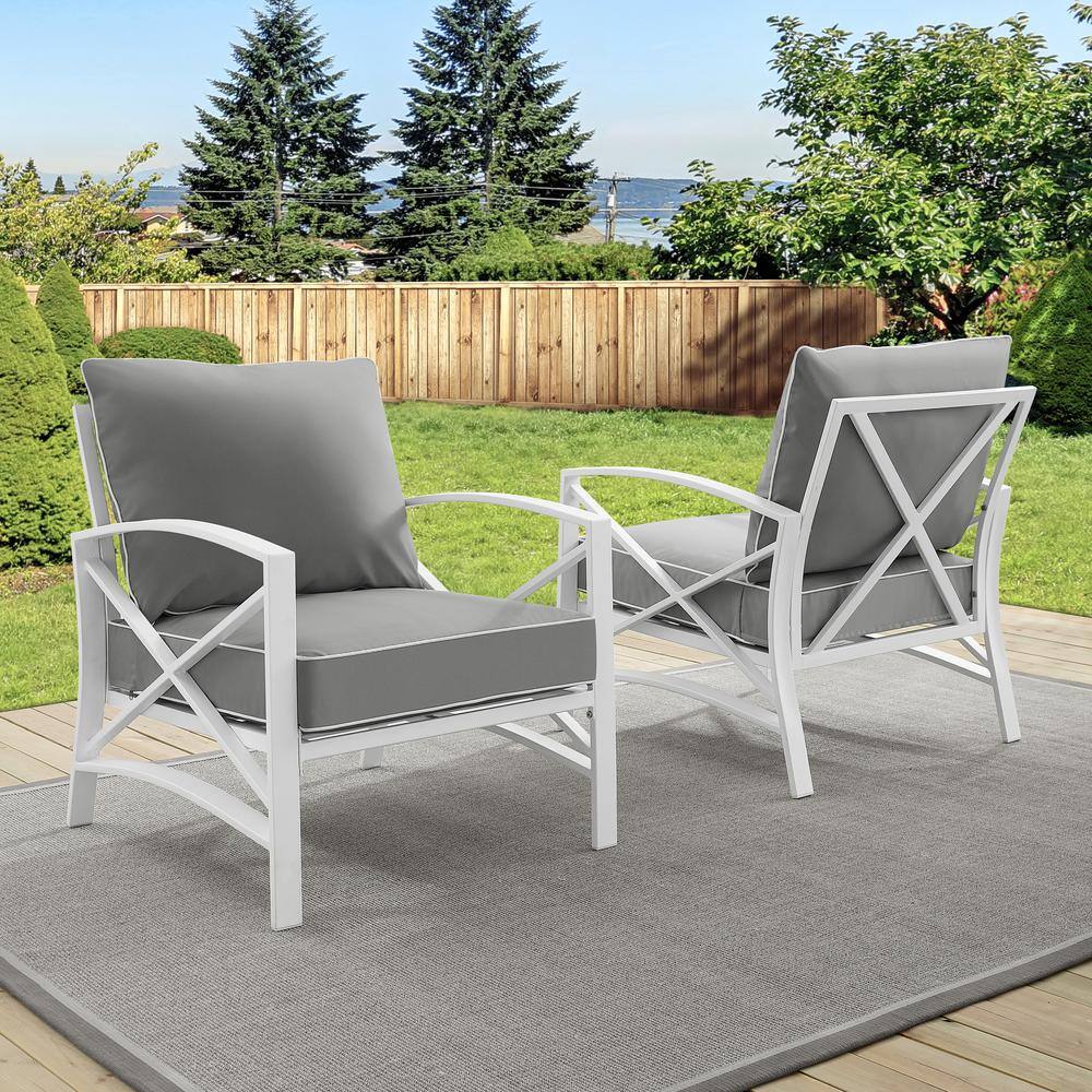 Gray and White Outdoor Club Chairs with Cushions, Set of 2