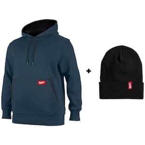 Men's 2X Large Blue Midweight Cotton/Polyester Long Sleeve Pullover Hoodie with Men's Black Acrylic Cuffed Beanie Hat
